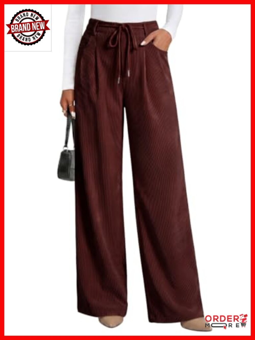 Sidefeel Corduroy Wide Leg High Waisted Drawstring Pants Loose Fit